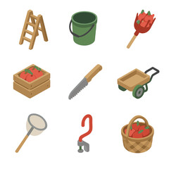 Orchard Harvest Icons. Isometric Flat icon set of orchard picking: ladder, picking bucket, apple picker tool, fruit crate, pruning
