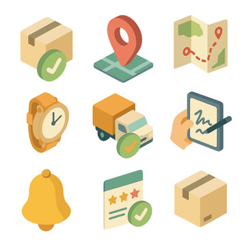 Order Tracking Icons. Isometric Flat icon set of order tracking: order confirmation, GPS pin, map route, estimated time, delivery