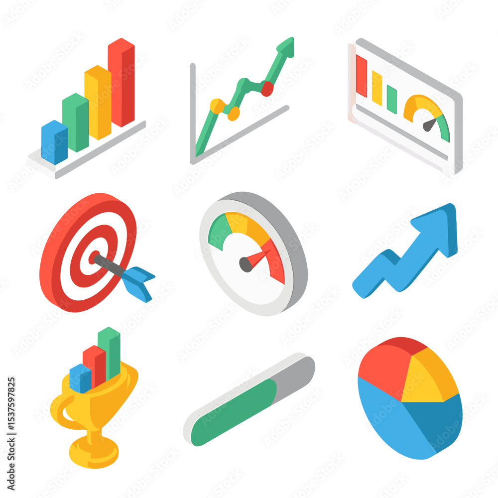 Poster performance metrics icons. isometric flat icon set of performance metrics: bar chart, line graph, kp