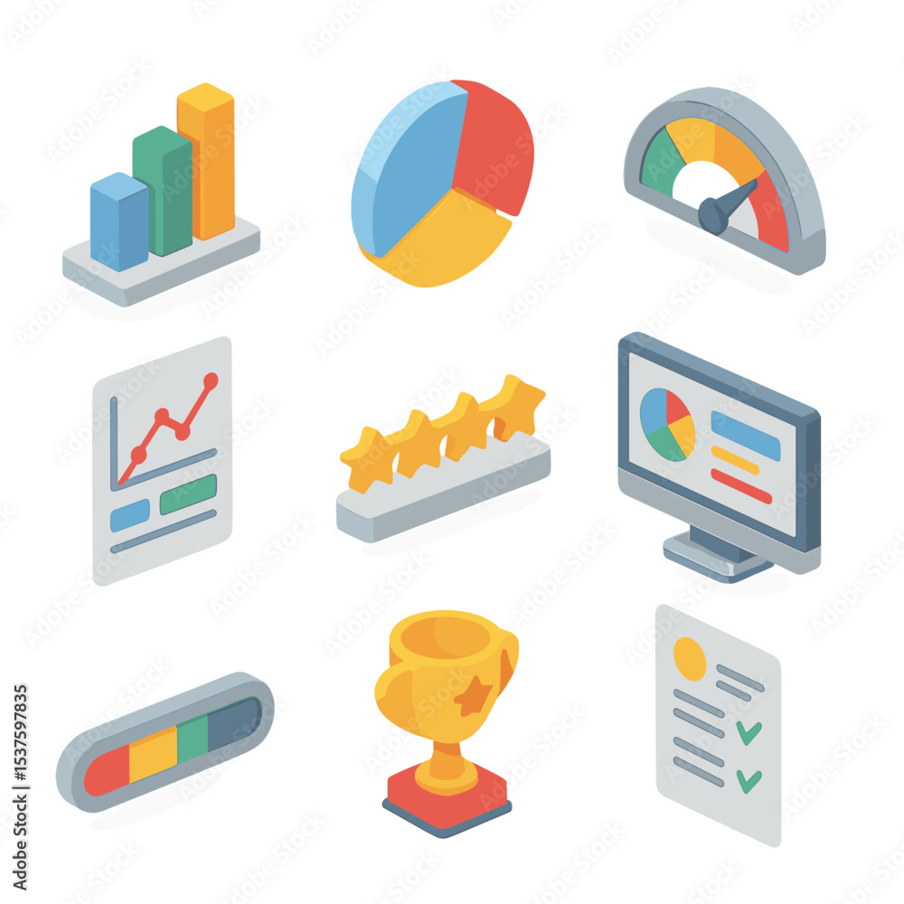 Poster performance metrics icons. isometric flat icon set of performance management metrics: bar chart, pie