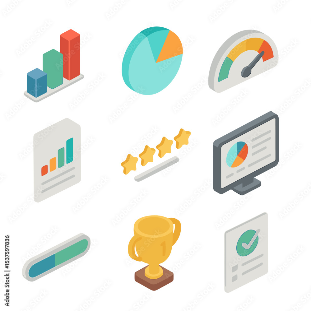 Poster performance metrics icons. isometric flat icon set of performance management metrics: bar chart, pie