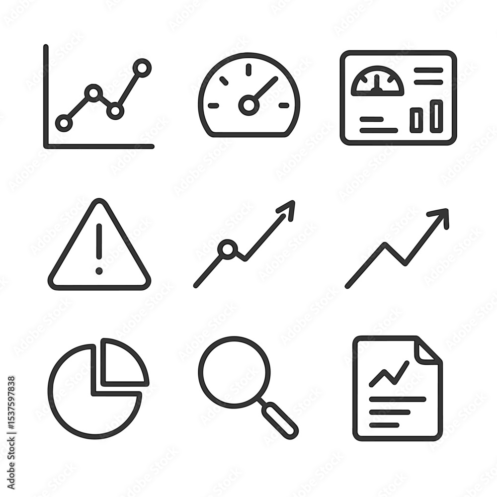 Poster performance monitoring icons. outline icon set of performance monitoring: line graph, speedometer, d
