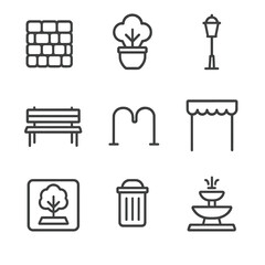 Pedestrian Plaza Icons. Outline icon set of pedestrian plazas: paving stones, decorative planter, bench seating, street lamp,