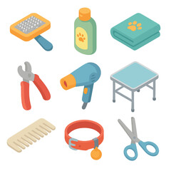 Pet Grooming Essentials. Isometric Flat icon set of family pet grooming and pampering: grooming brush, shampoo bottle, pet towel,