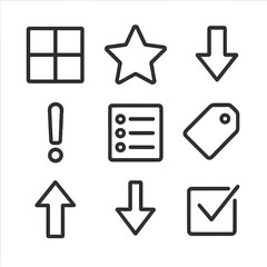 Prioritization Matrix Icons. Outline icon set of prioritization matrix planning: four-quadrant grid, high-priority star,