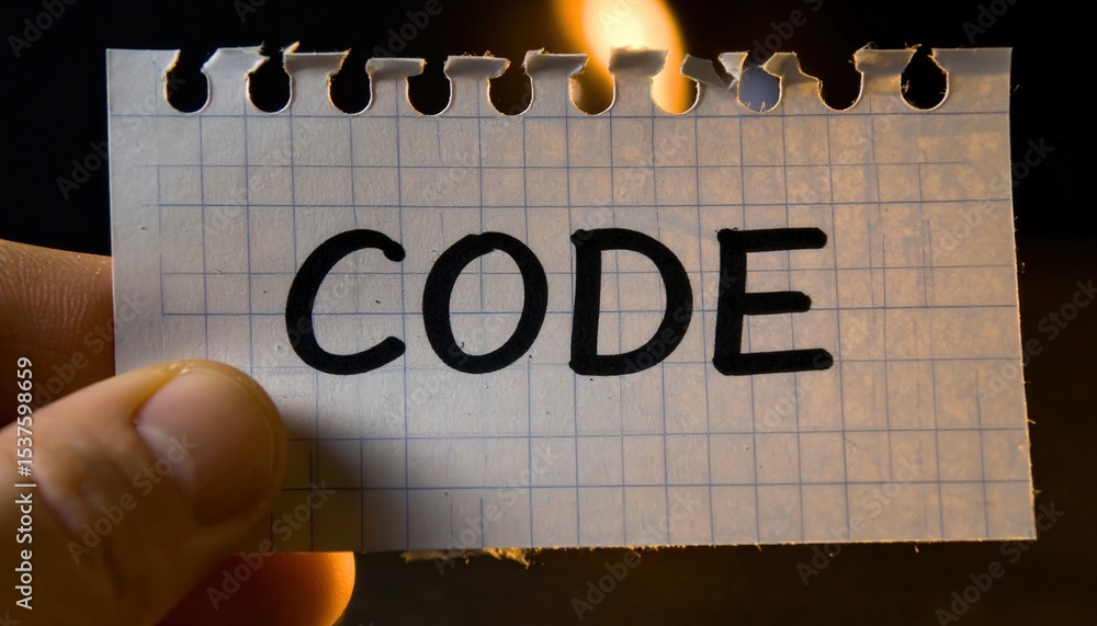 Poster hand holding paper with the word code being burned for symbolic effect