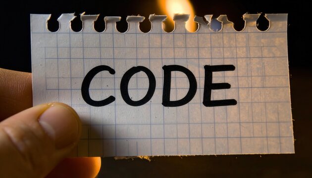 Hand Holding Paper with the Word CODE Being Burned for Symbolic Effect