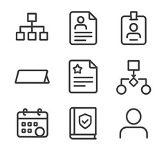 Role Clarity Icons. Outline icon set of role clarity and expectations: org chart node, job description document, ID badge, desk