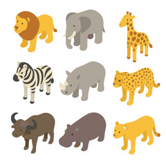 Safari Animal Icons. Isometric Flat icon set of safari animals: lion, elephant, giraffe, zebra, rhinoceros, leopard, buffalo,