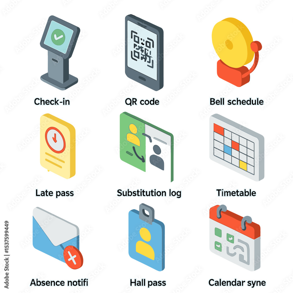 Poster scheduling system icons. isometric flat icon set of attendance and scheduling systems: check-in kios