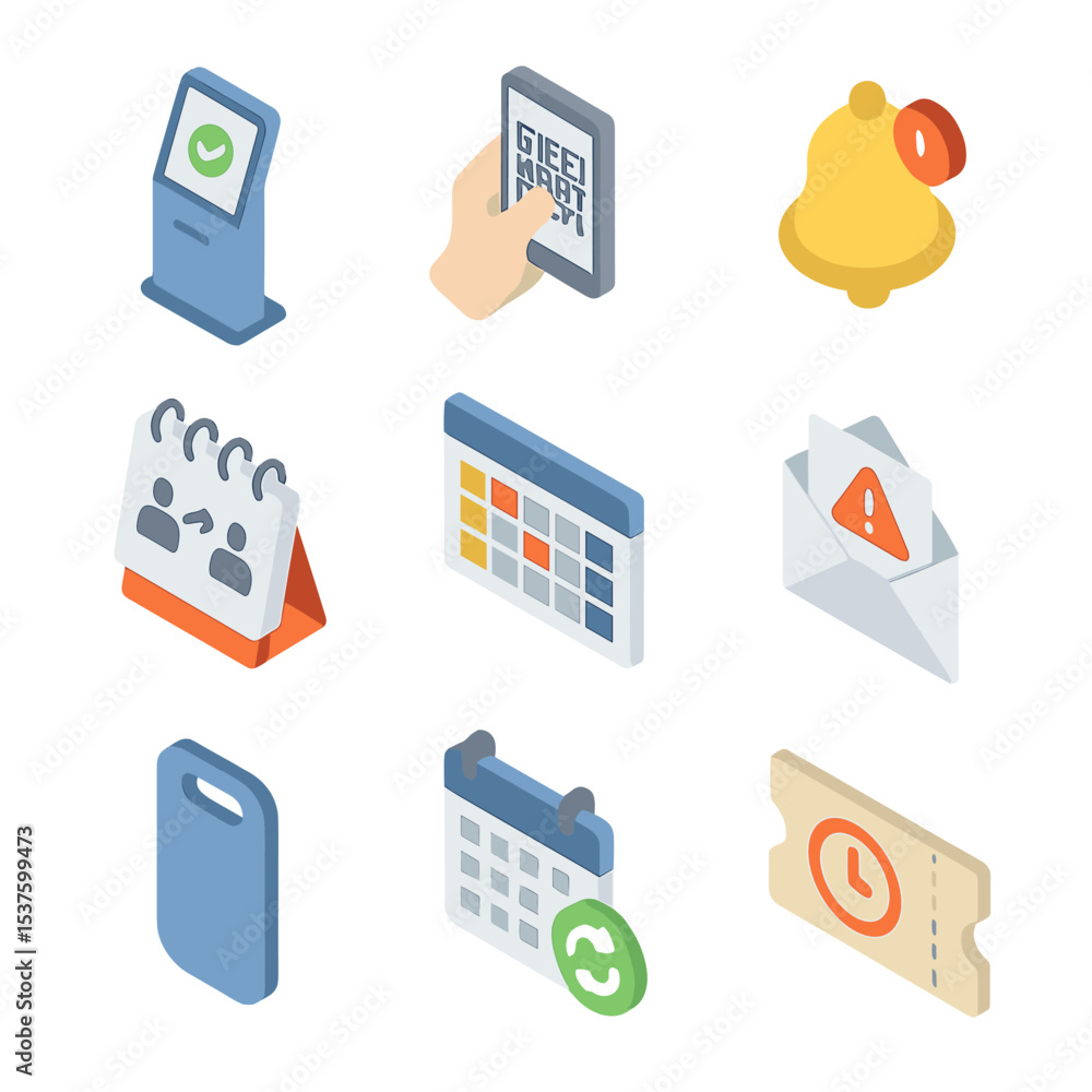 Poster scheduling system icons. isometric flat icon set of attendance and scheduling systems: check-in kios