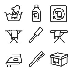 Fototapeta premium Scarf Care Icons. Outline icon set of scarf care and maintenance: hand wash basin, mild detergent bottle, gentle spin icon, air