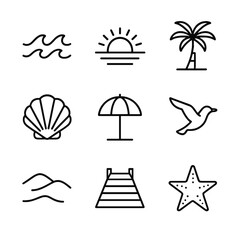 Obraz premium Seaside Icon Set. Outline icon set of seaside at dusk: rolling waves, setting sun, palm tree, seashell, beach umbrella, seagull,
