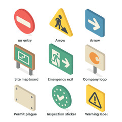 Signage Icons Set. Isometric Flat icon set of signage and regulatory markers: no entry sign, construction sign, directional arrow,