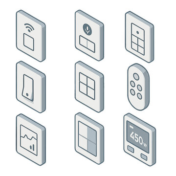 Smart Light Switch Icons. Isometric Flat icon set of smart light switch plates: Wi-Fi switch plate, Alexa voice plate, Google Home