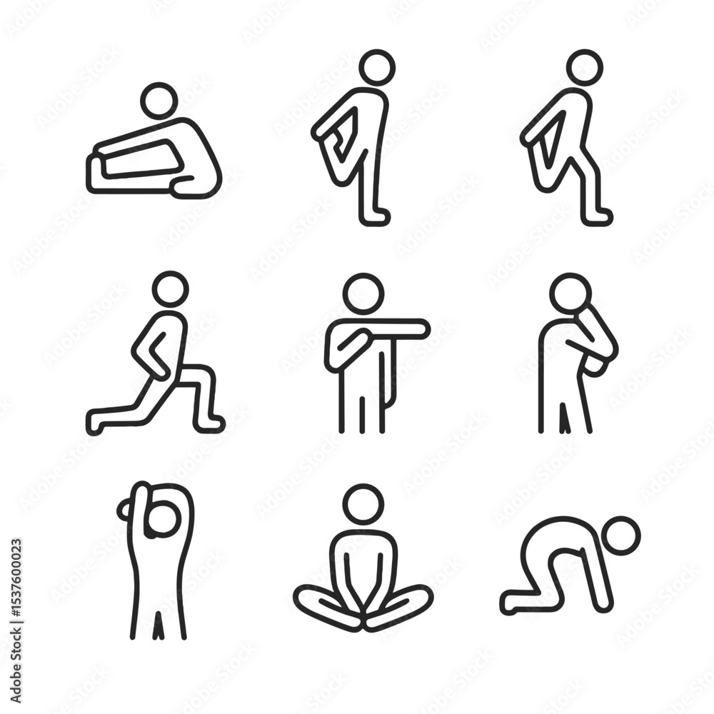 Aufkleber stretching routine icons. outline icon set of stretching routines: hamstring stretch, quad stretch, 