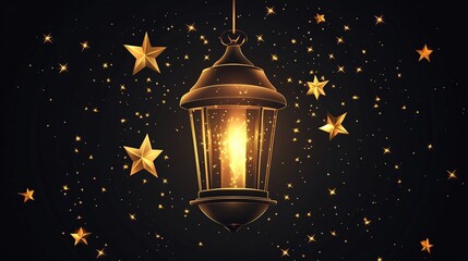 Lit lantern hangs amid glowing stars on a dark, festive background