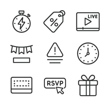 Tech Sale Icon Set. Outline icon set of tech sale events: flash sale timer, percentage discount tag, live stream icon, event
