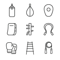 Training Equipment Icons. Outline icon set of training equipment: heavy bag, speed bag, focus mitt, kick shield, wooden dummy,