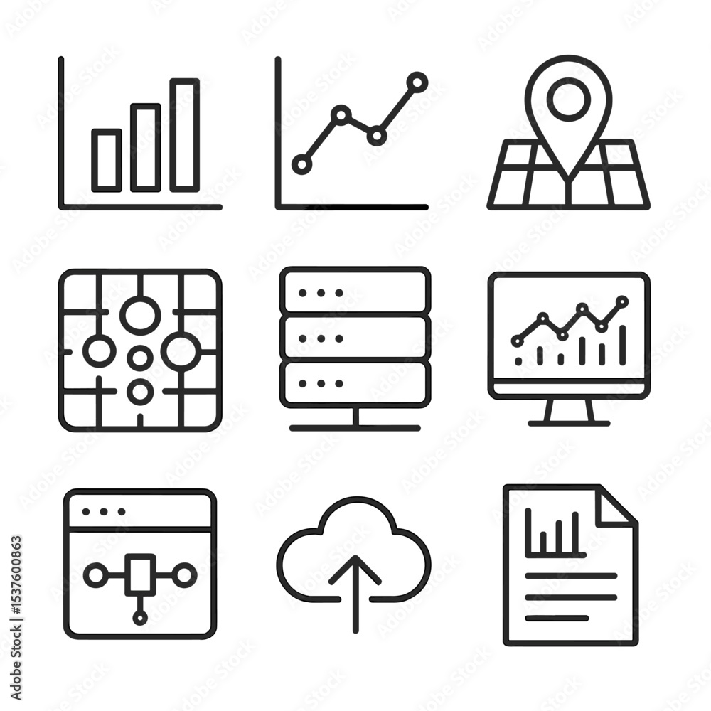 Poster urban data icons. outline icon set of urban data analytics: bar chart, line graph, map pin, heat map