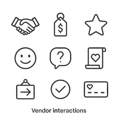 Vendor Interaction Icons. Outline icon set of vendor interactions: handshake, price negotiation, feedback star, smile face,