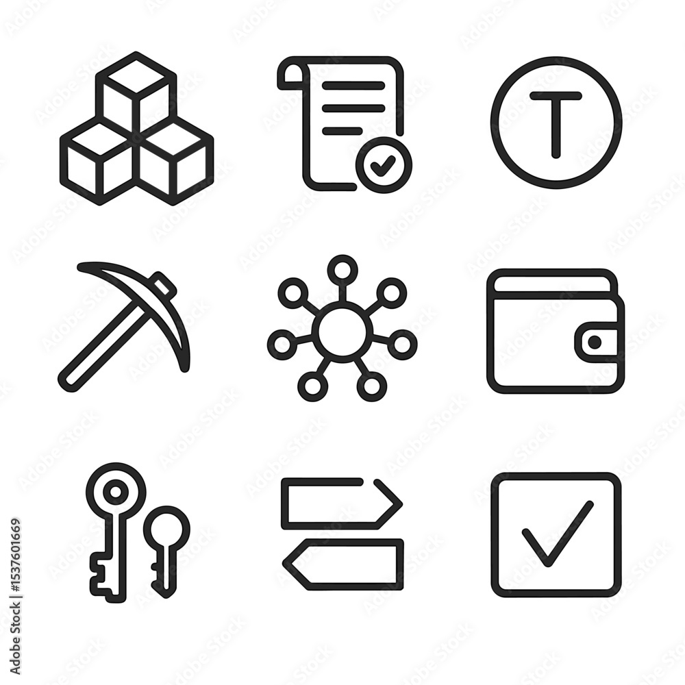 Poster blockchain icon set. outline icon set of blockchain-enabled enterprises: blockchain cube, smart cont