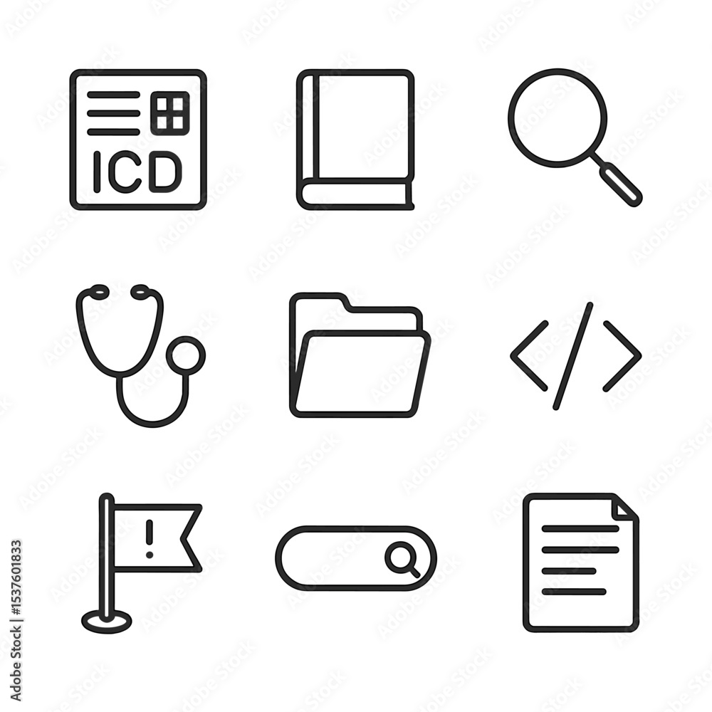 Aufkleber diagnostic icons set. outline icon set of diagnostic code chart: icd code list, book icon, magnifyin