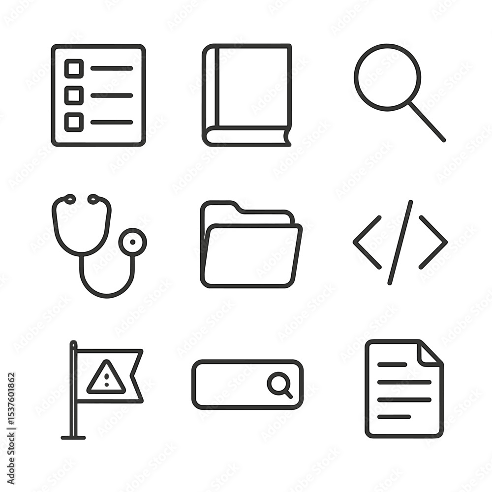 Poster diagnostic icons set. outline icon set of diagnostic code chart: icd code list, book icon, magnifyin