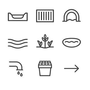 Drainage Icon Set. Outline icon set of drainage and stormwater channels: gutter trough, storm drain grate, culvert arch, swale