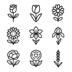 Flower Icon Grid. Outline icon set of blooming flowers: rose, tulip, daisy, sunflower, lily, iris, peony, marigold, lavender. Line