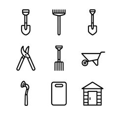 Garden Tools Icons. Outline icon set of garden tools: spade shovel, rake, hoe, pruner shears, garden fork, wheelbarrow, watering