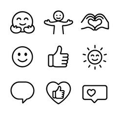 Hug Emoticon Icons. Outline icon set of interface hug emoticons: hugging emoji, open arms icon, heart hands, smiley face, thumbs