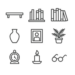 Home Library Icons. Outline icon set of home library shelf: wooden shelf, bookends, row of novels, decorative vase, framed photo,