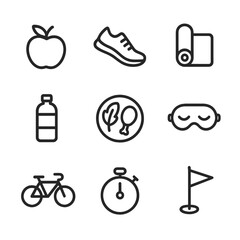 Lifestyle Icon Set. Outline icon set of lifestyle counseling: apple, running shoe, yoga mat, water bottle, meal plate, sleep mask,