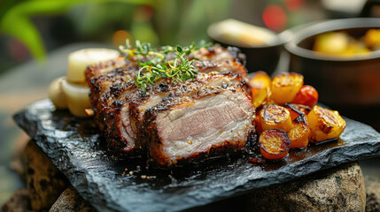 Sliced smoked pork served with caramelized onions and roasted vegetables on a stone plate in a rustic outdoor setting