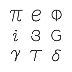 Fototapeta premium Mathematical Constants Icons. Outline icon set of mathematical constants: pi π, Euler’s number e, golden ratio φ, imaginary unit i