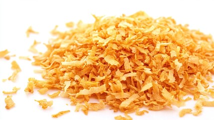 Pile of toasted coconut flakes, golden-brown shreds on a white background