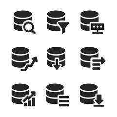 SQL Patterns Icon Grid. Solid, filled icons set of SQL data access patterns: SELECT query, WHERE clause, index