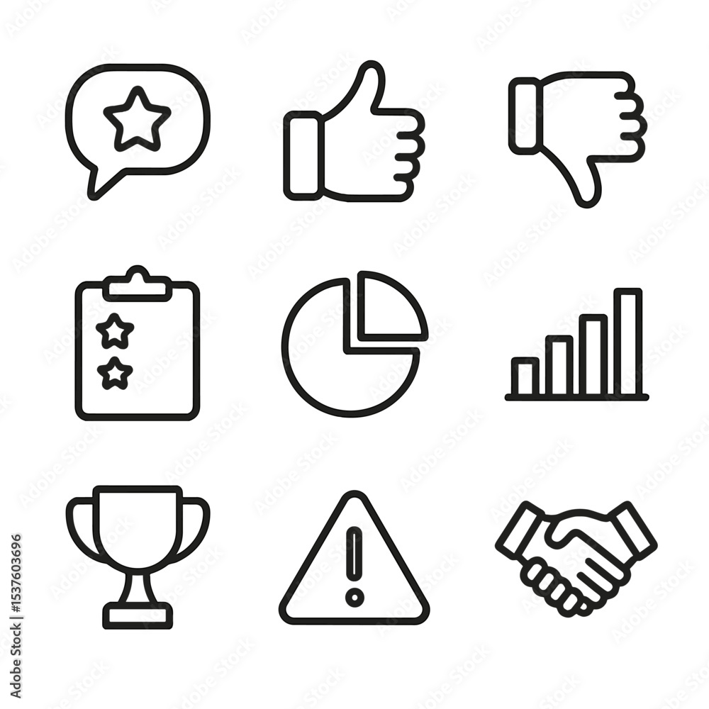 Aufkleber performance feedback icons. outline icon set of performance feedback: speech bubble with star, thumb