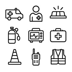 Obraz na płótnie Canvas Paramedic Equipment Icons. Outline icon set of paramedic roadside rescue: ambulance, paramedic silhouette, emergency light bar,