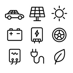 Solar Vehicle Icons. Outline icon set of solar-powered vehicles: solar car silhouette, roof panel, sun icon, battery pack, charge