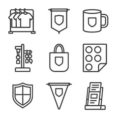 Souvenir Icon Collection. Outline icon set of souvenir and merchandise: t-shirt rack, banner flag, mug with logo, keychain stand,