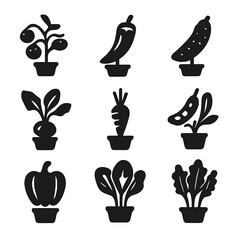 Vegetable Icons Grid. Solid, filled icons set of potted vegetable varieties: cherry tomato, chili pepper,