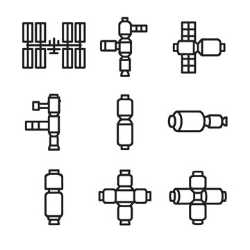 Space Station Icons. Outline icon set of space stations: International Space Station, Mir station, Tiangong module, Skylab lab,