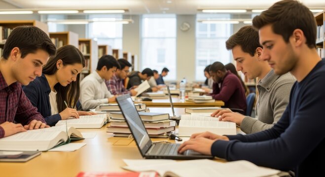 diverse group of college students studying together at large tables in a bright, academic library environment