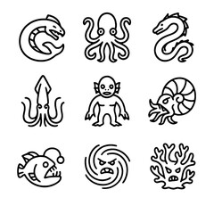 Fototapeta premium Underwater Monster Icons. Outline icon set of undersea monsters of the deep: Leviathan, Kraken, Sea Serpent, Abyssal Squid, Deep