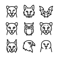 Fototapeta premium Twilight Predator Icons. Outline icon set of twilight predators: Shadow Panther, Dusk Wolf, Nightstalker Bat, Moonlight Jaguar,