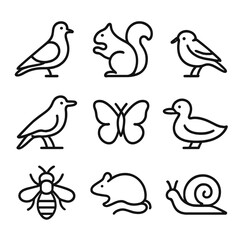 Obraz premium Urban Wildlife Icons. Outline icon set of urban wildlife: pigeon, squirrel, sparrow, crow, butterfly, duck, bee, rat silhouette,