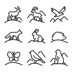 Wildlife Outline Icons. Outline icon set of wildlife on hills: deer silhouette, mountain goat, eagle in flight, fox, rabbit,