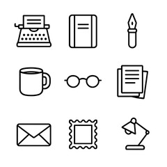 Writing Tools Icons. Outline icon set of author writing tools: typewriter, notebook, fountain pen, coffee mug, eyeglasses,